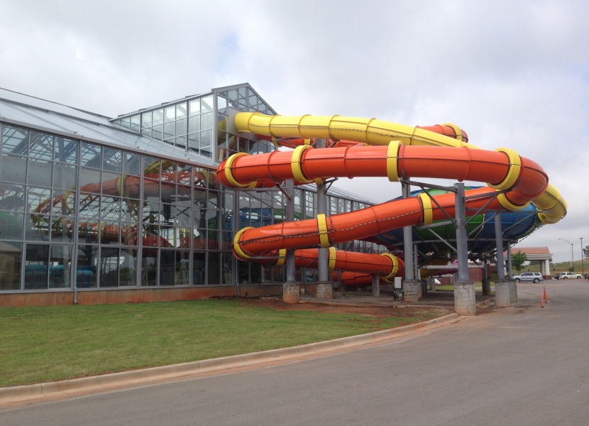 Three colorful slides extending from the interior